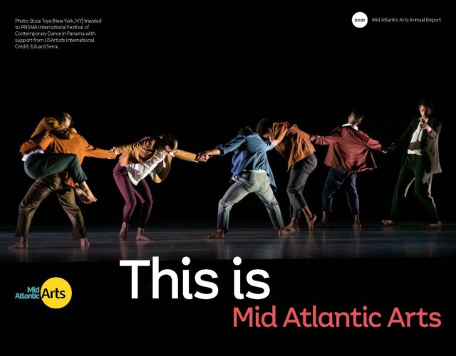 Cover of Mid Atlantic Arts Annual Report. A string of dancers in street clothes hold each other arms as they stretch across a dark stage. Underneath, the word 