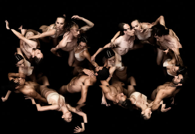 The bodies of multiple Atamira Dance Company dancers are edited to form the infinity symbol with their bodies on a black background.
