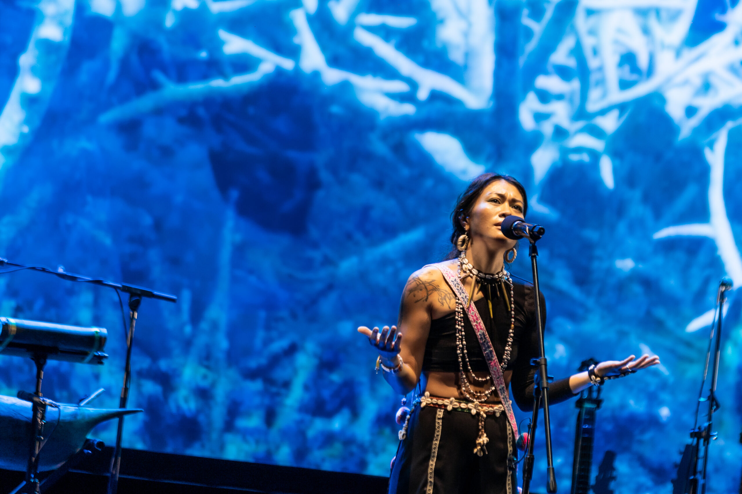 Color photo of a woman in traditional dress, arms raised, singing at a stand mic. Behind her a bright blue projection can be seen.