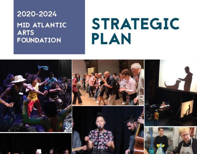 Cover of 2020-2024 Strategic Plan. Includes a collage of eight color images showing activities Mid Atlantic Arts has supported.