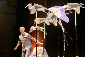 Seven large paper blue heron sculptures fill the stage space in various poses atop music stands while the performer, dressed in blue, makes a bird-in-flight pose near a blue quilt.