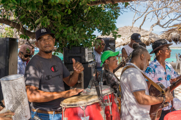 Color Photo of a group of people outside on a beach. Musicians play instruments inder a green tree and the ocean can be seen in the background.