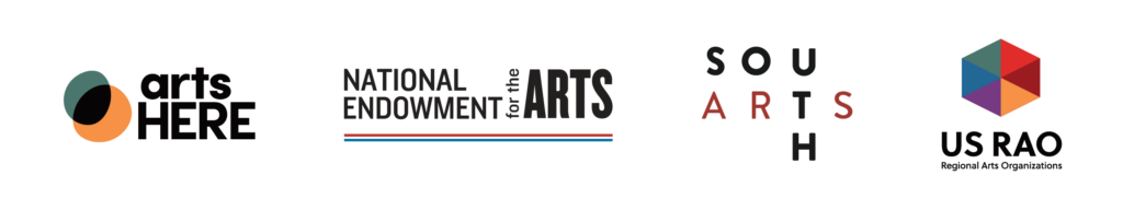Color horizontal logo lockup of four logos. ArtsHERE, the National Endowment for the Arts, South Arts, and the US Regional Arts Organizations.