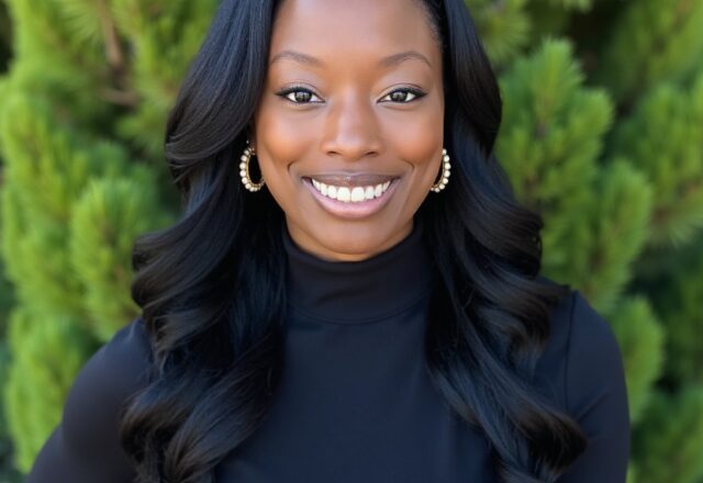 AliShah Watson has medium brown skin and long wavy hair. AliShah wears a long sleeve black turtleneck and gold and pearl earrings and is photographed in front of green foilage.
