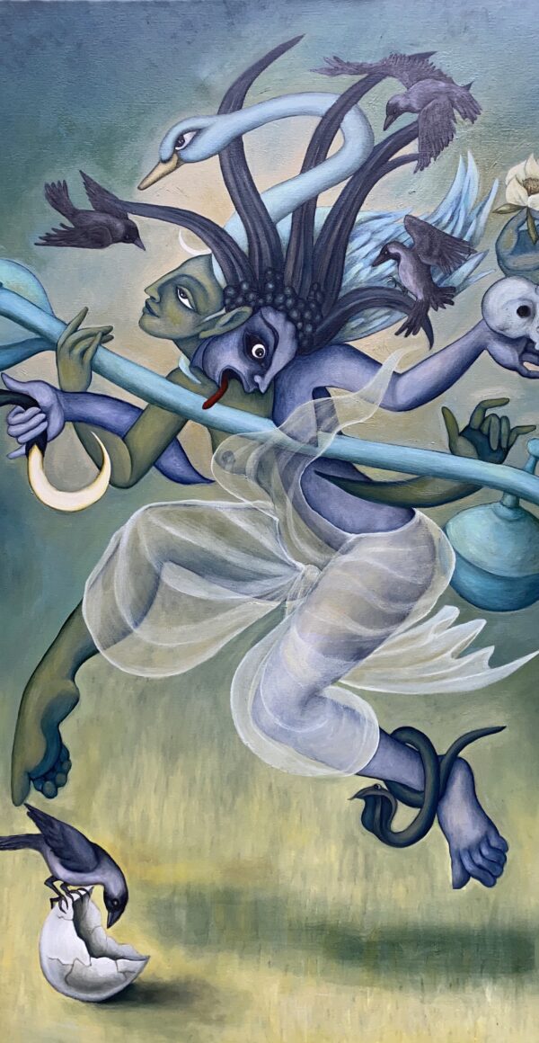 Split image of Bhida in blues and greens.