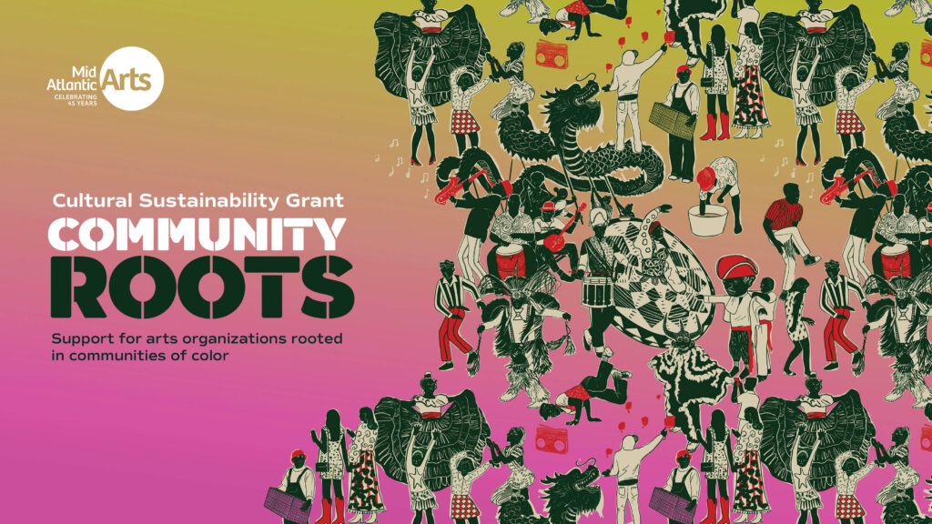 Brand identity tile for Cultural Sustainability: Community Roots program. Yellow to pink gradient top to bottom with drawn images of people engaging in cultural activities.