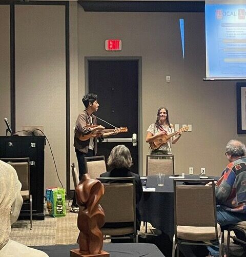 Shot from the back of an audience in a meeting room two performers play stringed instruments for the group.