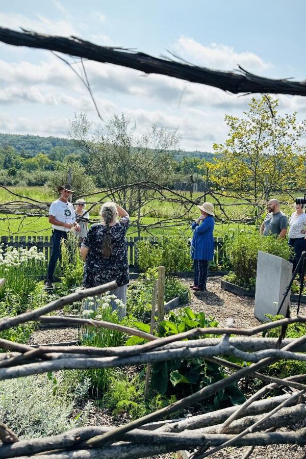 A group of people stand outside in a garden for a talk.