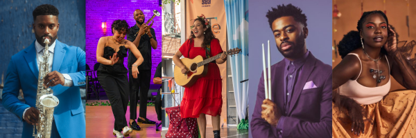 Five paneled image of artist promo shots.