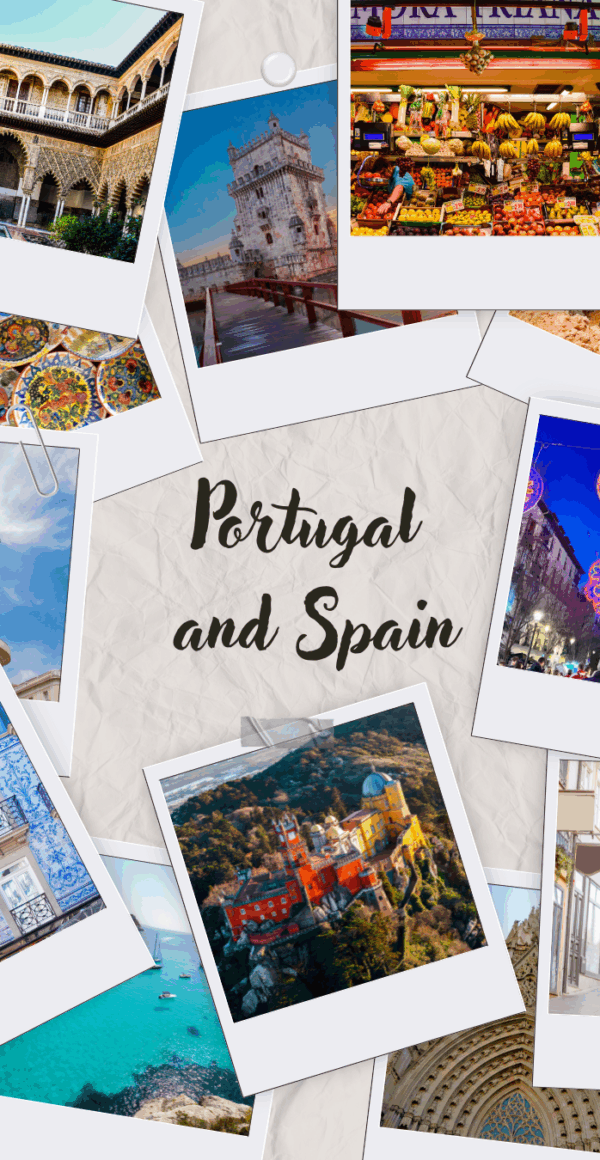 Images of Portugal and Spain around the words Portugal and Spain.