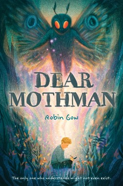 An illustrated mothman flies over a person sitting in a field.