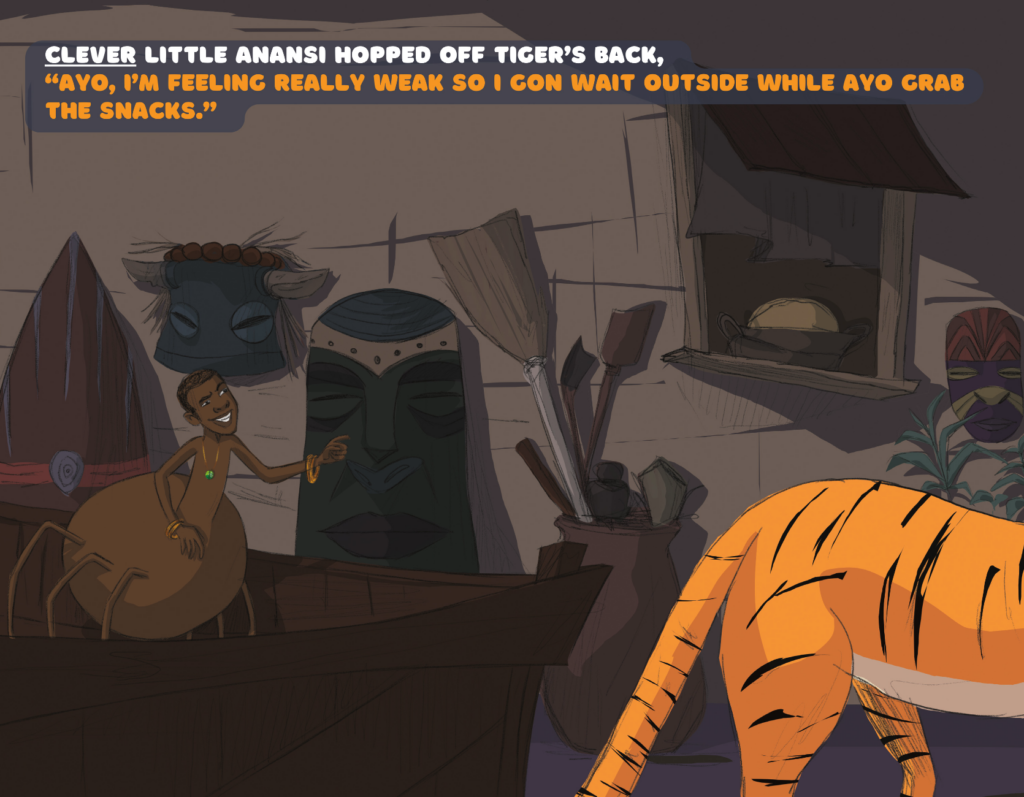 Interior page of How Anansi Spun Madras hardcover book illustrated by Eduardo Pupa.