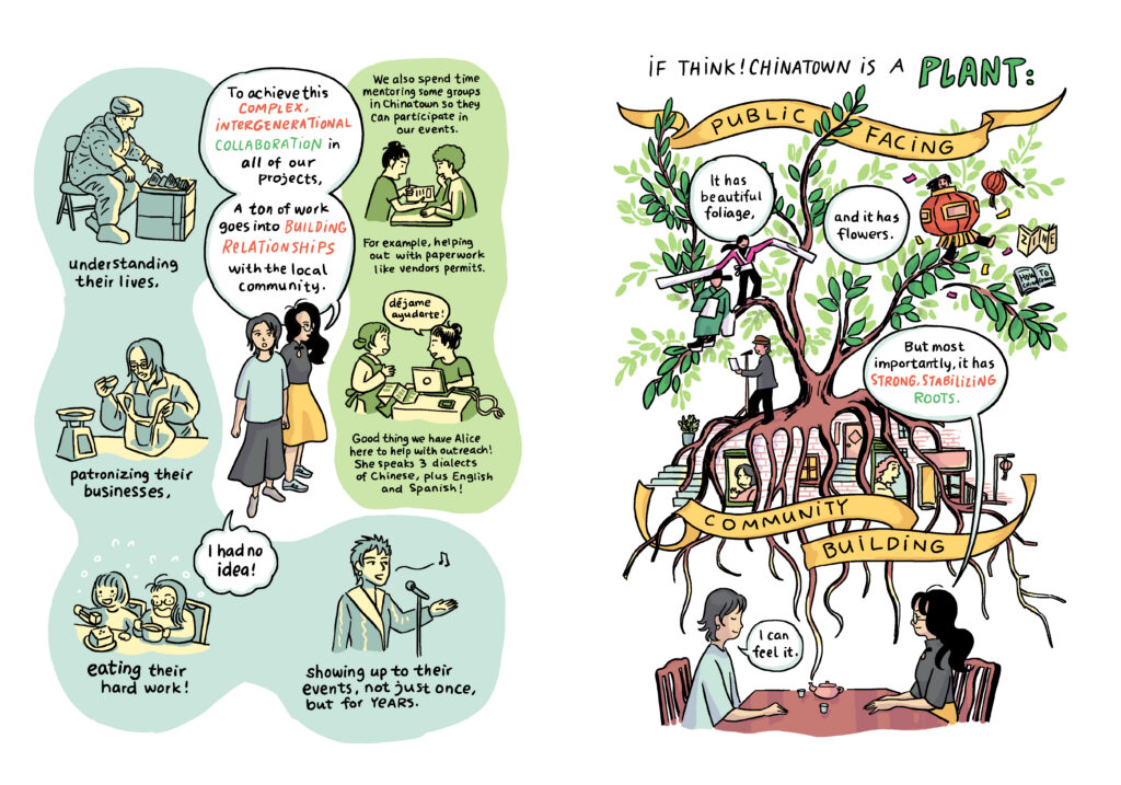 Graphic novel pages about community building.