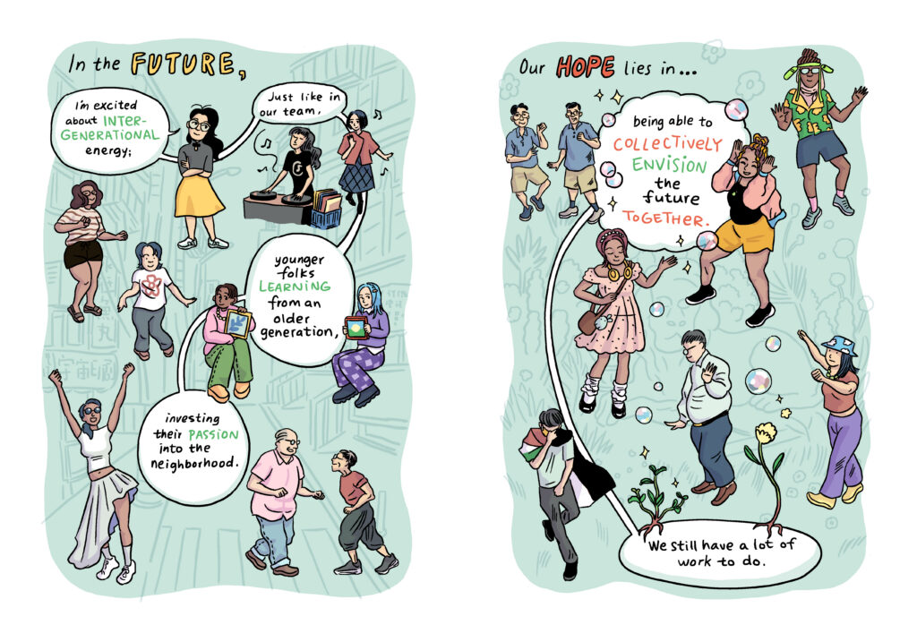 Graphic novel designed pages of diverse peoples engaged in a variety of activities.