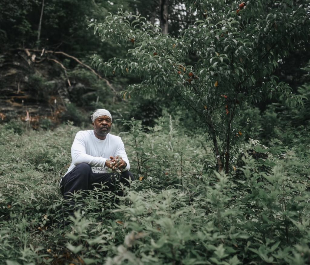A man kneels next to a peach tree.