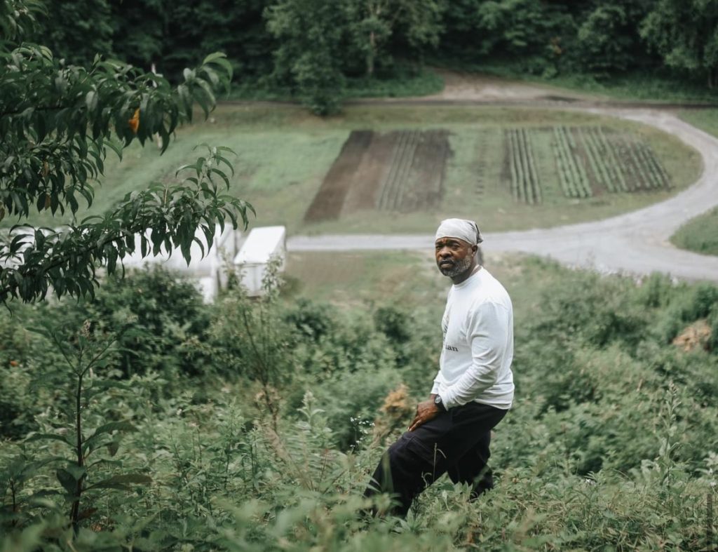 A man stands next to a stand of trees on a large farm.