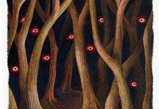Glowing red eyes are scattered through dense, twisted woods.